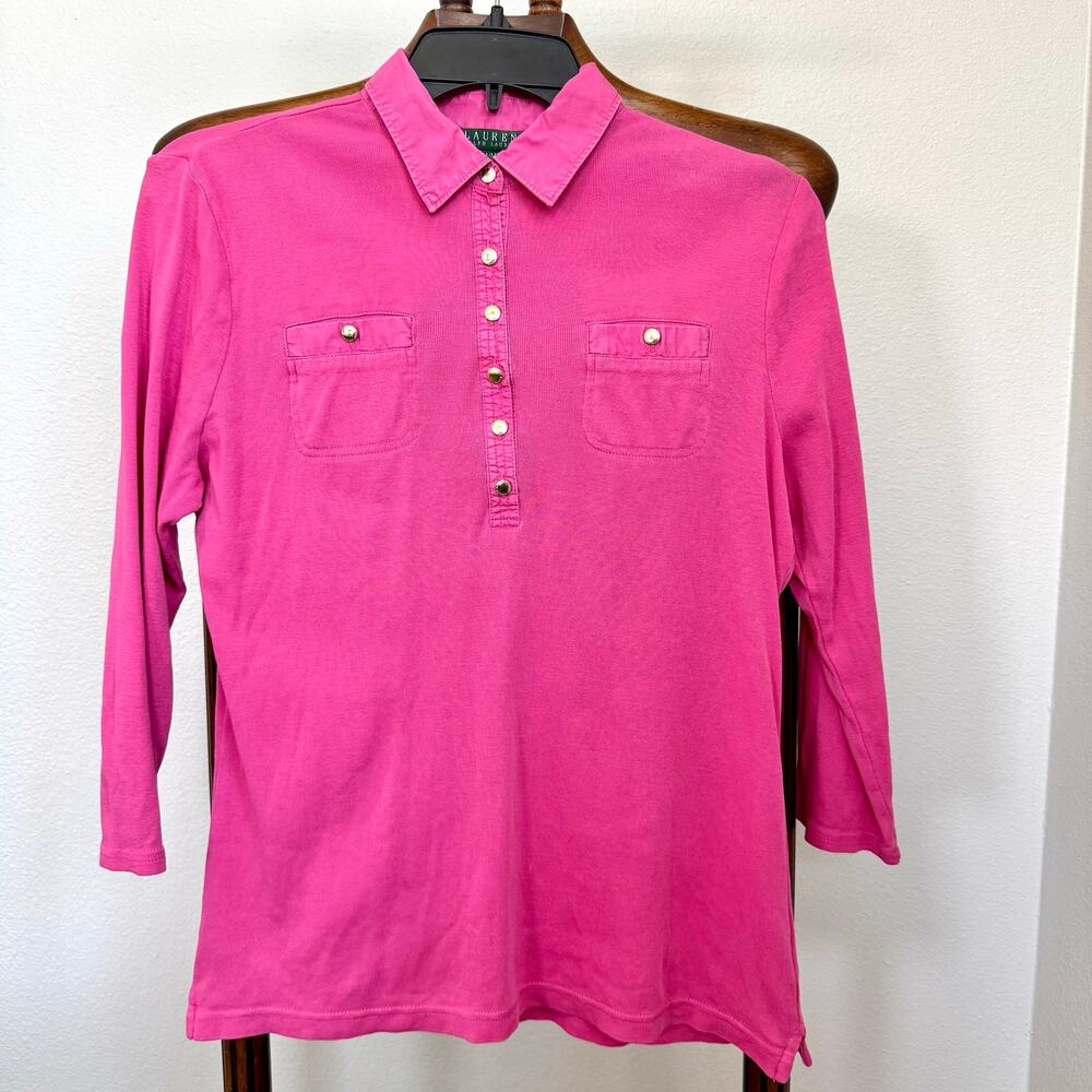 Lauren Ralph Lauren Pink Cotton Y2K Henley Polo Shirt Gold Buttons Medium Preppy